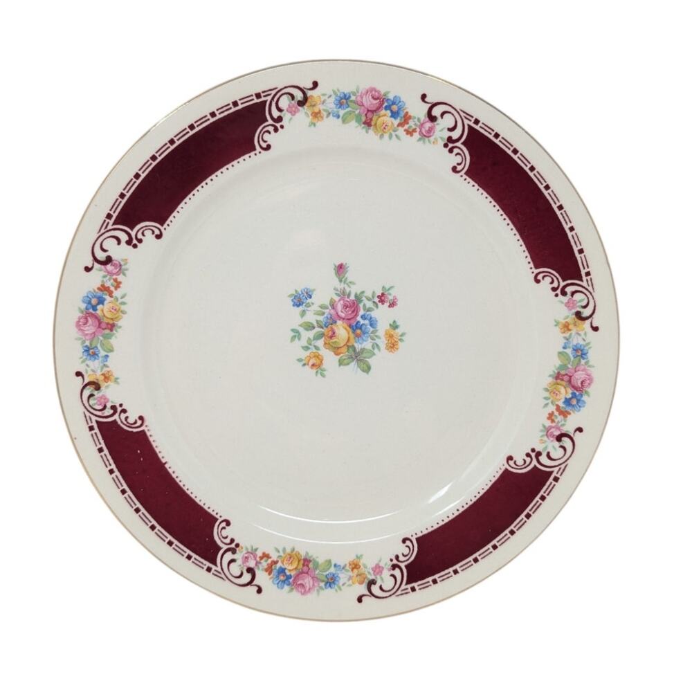 Homer Laughlin Majestic Dinner Plate Maroon Floral Pattern 9 inch